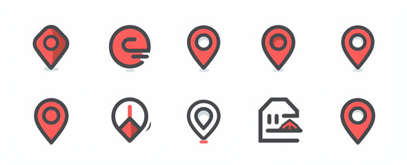Set of location pin icon vector, flat and simple, in red and black colors on a white background