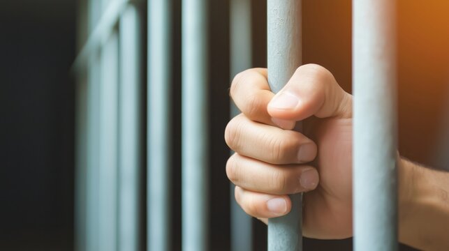 A powerful, emotional image showing a hand on prison bars, highlighting concepts of justice, punishment, and isolation.