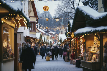 Busy holiday market street lined with festive lights, decorated stalls, and shoppers enjoying the winter season in a cozy, Christmas atmosphere