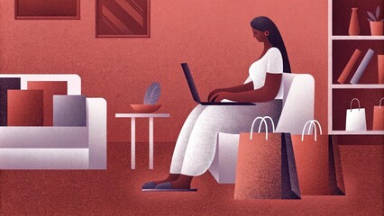 Woman online shopping at home with laptop in cozy modern living room setting