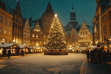 Obraz premium Snow-covered Christmas market square with a large illuminated tree, surrounded by historic buildings and festive stalls, creating a magical holiday atmosphere