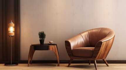 interior design concept  one armchair with brown upholstery coffee table with wooden surface on beige wall background