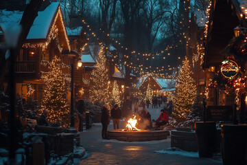 Festive village street adorned with Christmas lights and decorated trees, featuring a cozy outdoor fire pit with people gathering, creating a warm holiday atmosphere