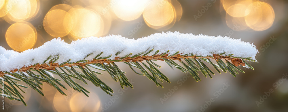 Poster close up of snow covered evergreen branch with soft bokeh lights in background creates serene winter