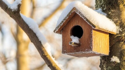 Snow-Covered Birdhouse on Tree Branch with Thin Snow Layer on Roof