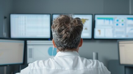 Businessman analyzing data on multiple monitors in modern office environment