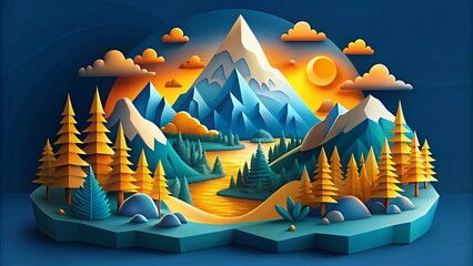 Tranquil Wilderness: 3D Paper Cut Forest Landscape with Mountains in Natural Scene