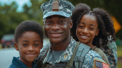 A joyful military homecoming with a smiling soldier in uniform reuniting with two happy children outdoors. The moment is heartwarming and emotional.