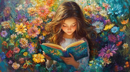 Enchanting Outdoor Poster: A Youthful Girl Reading in a Floral Sanctuary, Surrounded by Cheerful Colors &ndash; Perfect for Whimsical Decor in Homes or Play Spaces!