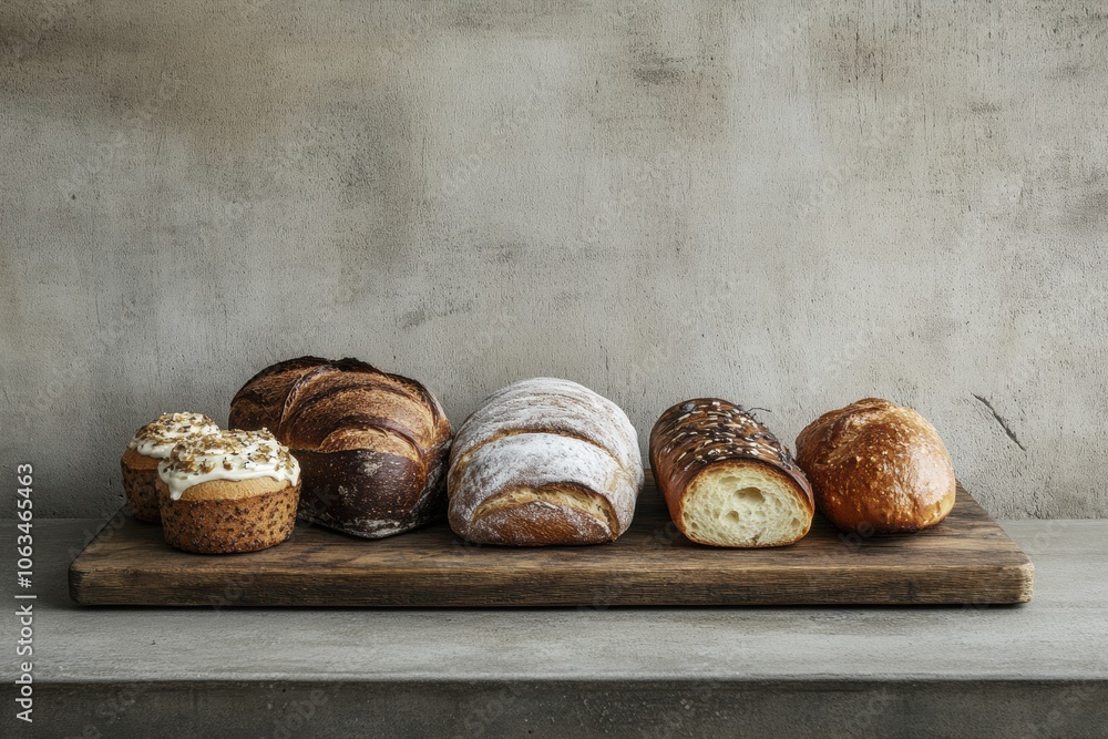 Aufkleber a selection of freshly baked bread and pastries elegantly arranged on a rustic wooden board creates 