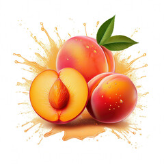 Fresh juicy Peaches with Green Leaves and Splash Effect