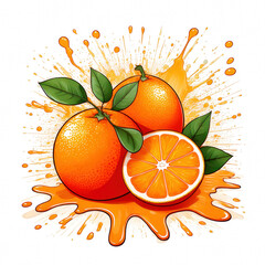 Fresh juicy Oranges with Green Leaves and Splash Effect
