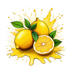 Fresh juicy Lemones with Green Leaves and Splash Effect