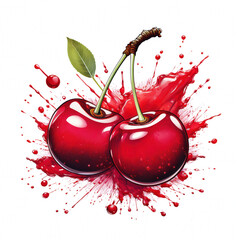 Fresh juicy Cherries with Green Leaf and Splash Effect