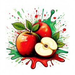 Fresh juicy Apples with Green Leaves and Splash Effect