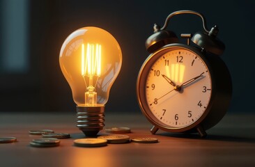 Scheduled power outages. Power distribution, night tariff. Increase in electricity tariffs. Clock, light bulb and coins on the table