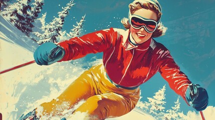 A vibrant vintage skiing poster featuring a skier in bright attire, capturing the thrill of winter sports.