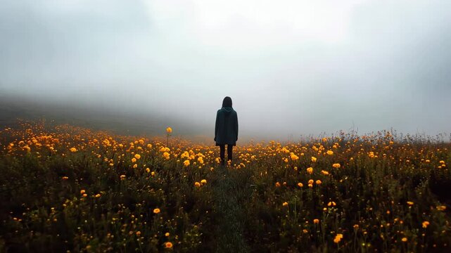 A woman stands on a colorful field with flowers
