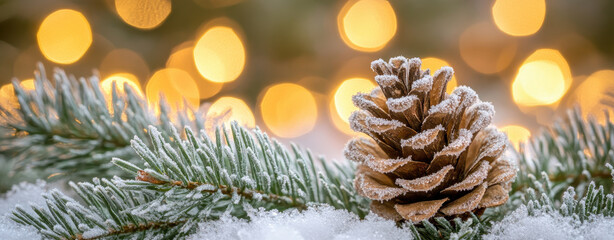 frosted pinecone rests on snowy evergreen branch, surrounded by soft, warm bokeh lights. This serene winter scene captures beauty of nature in festive atmosphere