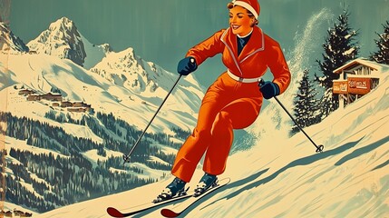 Fototapeta premium A vibrant vintage skiing poster featuring a skier in bright attire, capturing the thrill of winter sports.