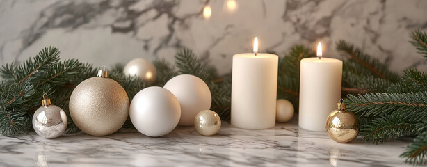 Minimalist Christmas setting with elegant white and gold decorations, featuring candles, ornaments, and greenery, creating serene and festive atmosphere