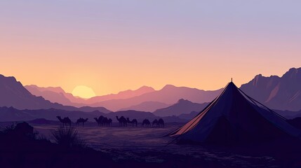 Sunset Over Desert with Tent and Camels