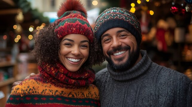 National Ugly Sweater Day celebrations, a happy couple at a Christmas market, donning mismatched ugly sweaters, laughs and celebrates