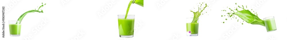 Poster an image of a green smoothie pouring into a glass against a transparent background