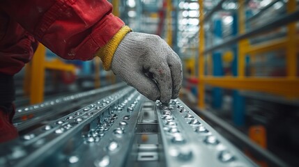 A worker in protective gloves carefully places metal components on a factory conveyor belt, ensuring precision in assembly during daylight operations.