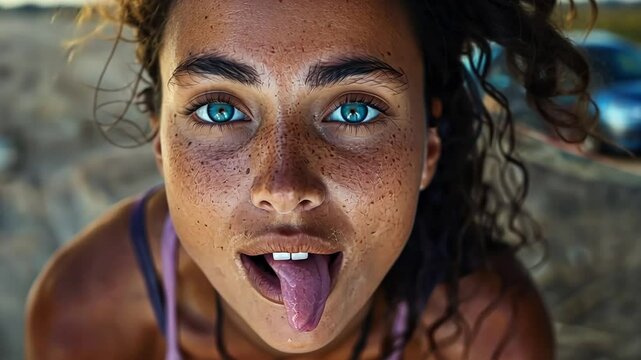 A young woman with stunning blue eyes and freckles expresses her playful side by sticking out her tongue as she relaxes outdoors