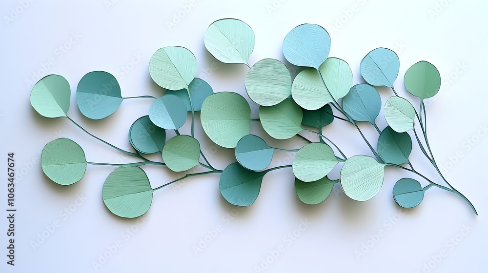 Aufkleber a digitally rendered paper cut style of a eucalyptus branch with layered rounded leaves in soft calm