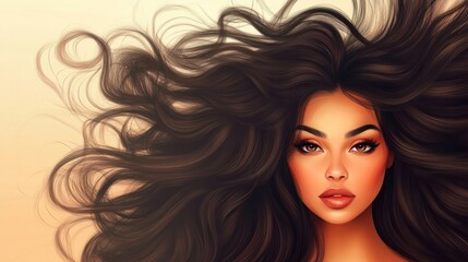 Fototapeta premium Stylish woman with thick, voluminous hair and natural beauty, isolated on a warm, light background