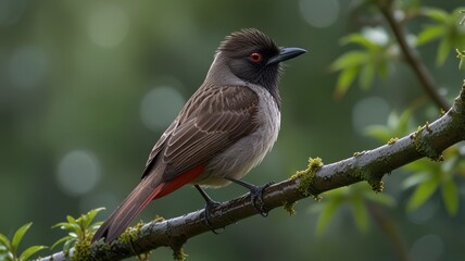a Red-vented Bulbul perched on a branch adorned with vibrant red flowers. The bird's distinctive crest, beady black eyes, and striking red vent are clearly visible.