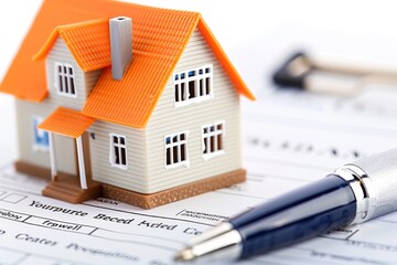 Miniature house on mortgage document with pen indicating real estate and mortgage concept
