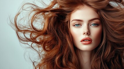 Naklejka premium Stylish woman with voluminous, fluffy curls and bright expression, isolated on a clean, neutral backdrop