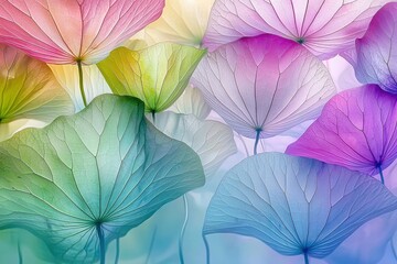 A vibrant display of translucent leaves showcasing a gradient of colors, blending beautifully in a dreamy artistic background.