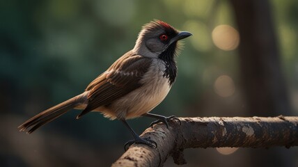 Naklejka premium a Red-vented Bulbul. The bird's distinctive crest, bright red vent, and beady black eyes are clearly visible. Its alert posture and focused gaze suggest a curious and watchful nature.