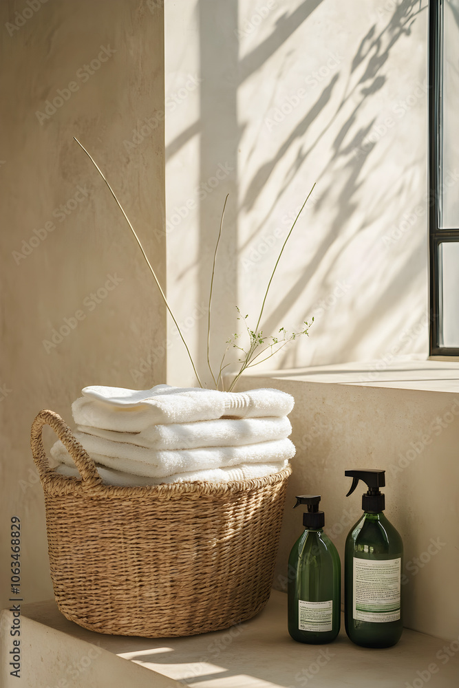 Poster a basket filled with neatly folded towels sits beside two green bottles, casting soft shadows in bri