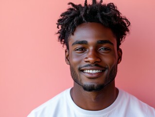 Obraz premium A confident man smiles warmly against a solid pink background, exuding positivity and approachability.