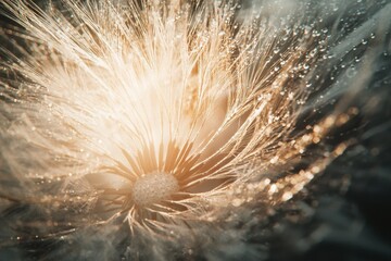 An abstract close-up of a delicate flower with radiant details and soft light, creating a dreamy, ethereal atmosphere.