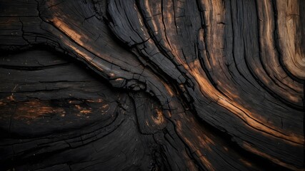 Naklejka premium A beautifully detailed close-up texture of charred wood, displaying dramatic rings, deep cracks, and contrasting tones of black and burnt amber
