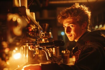 Naklejka premium A smiling barista warms milk using a metal jug in a dimly lit coffee shop. Warm lighting creates a cozy atmosphere. The barista's friendly expression adds to the scene's charm.