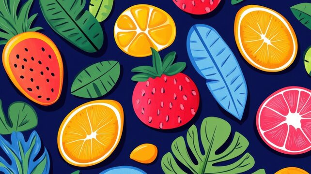Tropical fruit patterns flat design top view summer theme cartoon drawing vivid
