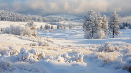 Snow-Covered Meadow with Gentle Undulations Creating a Soft and Serene Appearance