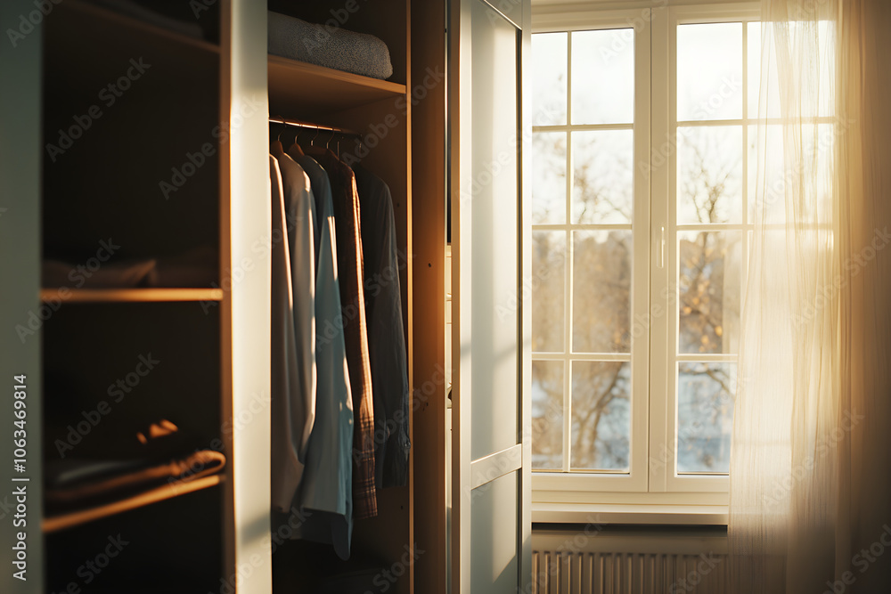 Poster a person is neatly organizing clothes in a bright wardrobe with large windows illuminating the room 