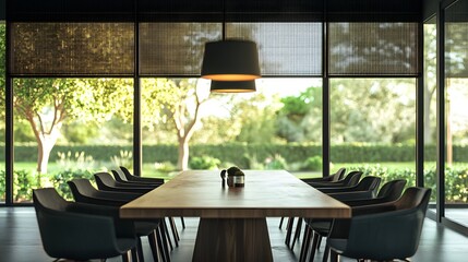 Modern dining room with large windows and roller blinds, natural light from trees outside, view of the garden on a summer day, modern home interior design