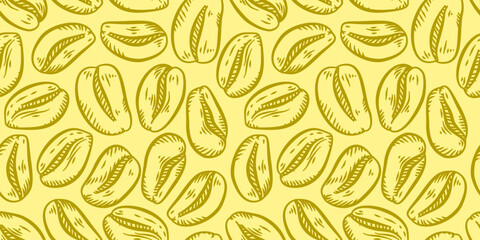 Coffee beans pattern background. Coffee beans wallpaper. Coffee beans illustration ideal for packaging. Pattern background with coffee beans. 