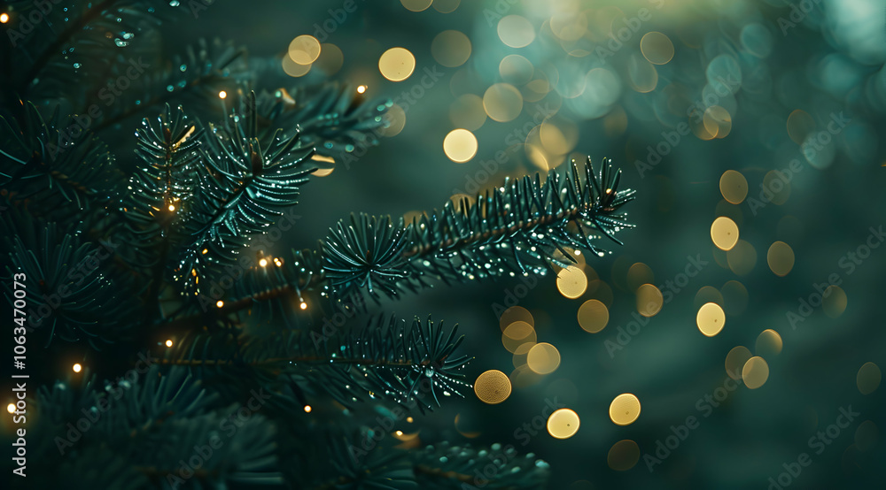 Poster close-up of green pine tree branches with a bokeh background of small lights, blurred nature