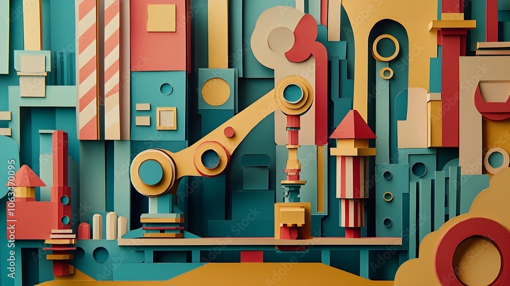 Poster a layered paper cut style of a robotic arm in a futuristic factory assembly line featuring a modern 