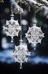Christmas or New Year layout with white snowy Christmas tree and silver Christmas decoration. Bright Holiday background.